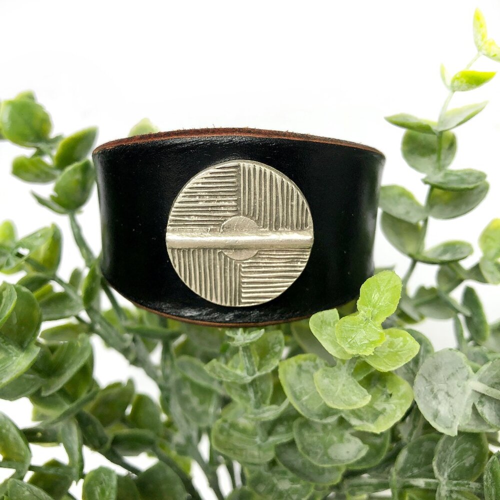MishaGirl Handmade Black Leather Beaded Cuff Bracelet, Silver Bead